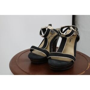 Miss Bisou Platform Heels Womens Size 8 Black‎ Fabric Block High Heel Sandals
